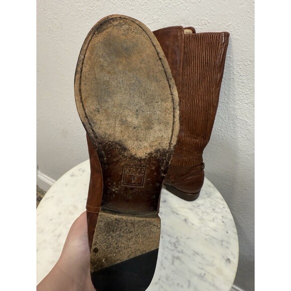 Frye Melissa Scrunch Brown Riding Boots Stretch Back Tall Pull On Leathers 7.5m - Picture 6 of 10
